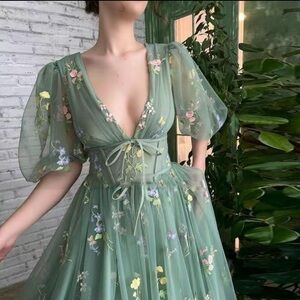 Floral Embroidered Green Dress